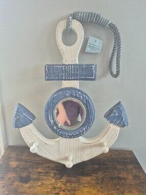 Distressed Wooden Anchor Wall Decor with Mirror and Hooks | Nautical Wall Decor